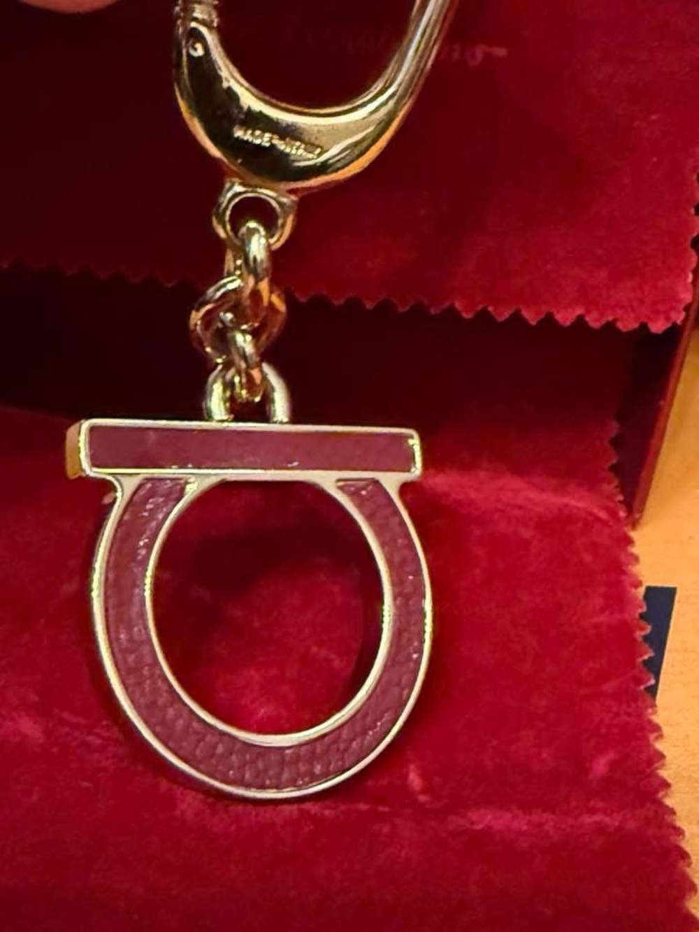 Salvatore Ferragamo Gold-Tone Keyring with Red‎ Burgundy Enamel Gancini